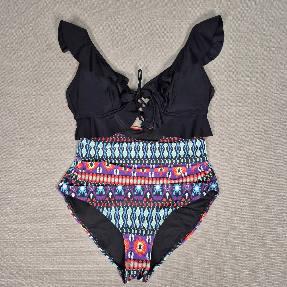 Eomenie Tummy Control One Piece Swimsuit Black Tribal Ruffle Lace Up Size L New